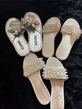 SHEIN Pearl-Embellished Cream Slide Sandals - Women's